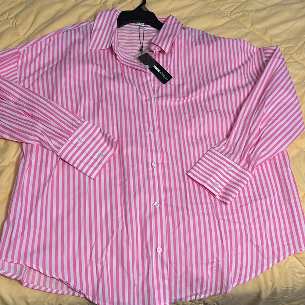 Pink and White Button Up- New